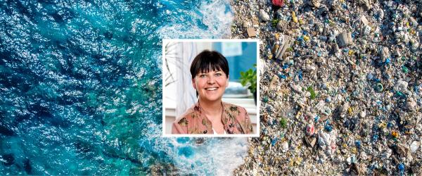 Inklippt bild av VD Susanna Strandberg framför en bild av en strand med ett blått hav. Stranden är full av plast. 