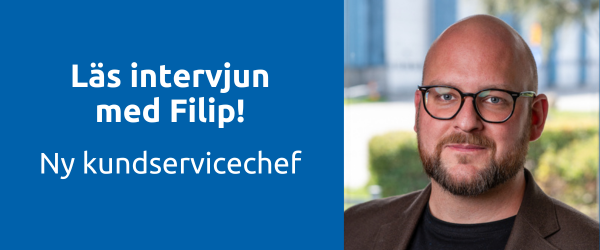 En foto på Filip Holmström och en text där det står "Läs intervjun med Filip, ny kundservicechef"