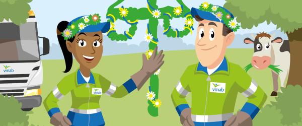 Tecknad bild av två VMAB-anställda i gröna arbetskläder och blomsterkransar som står framför en midsommarstång. En VMAB-lastbil syns i bakgrunden till vänster, och en ko tittar fram bakom ett träd till höger. Bilden förmedlar en glad sommarstämning.