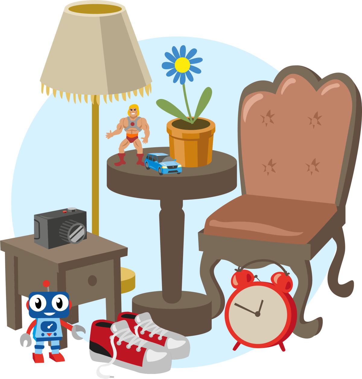 Illustration med olika typer av återbruk såsom möbler, leksaker och kläder