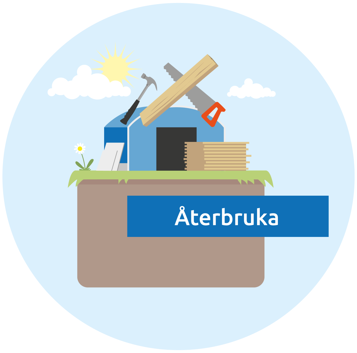 Hammare, planka, fogsvans, byggåterbruksbyggnaden.